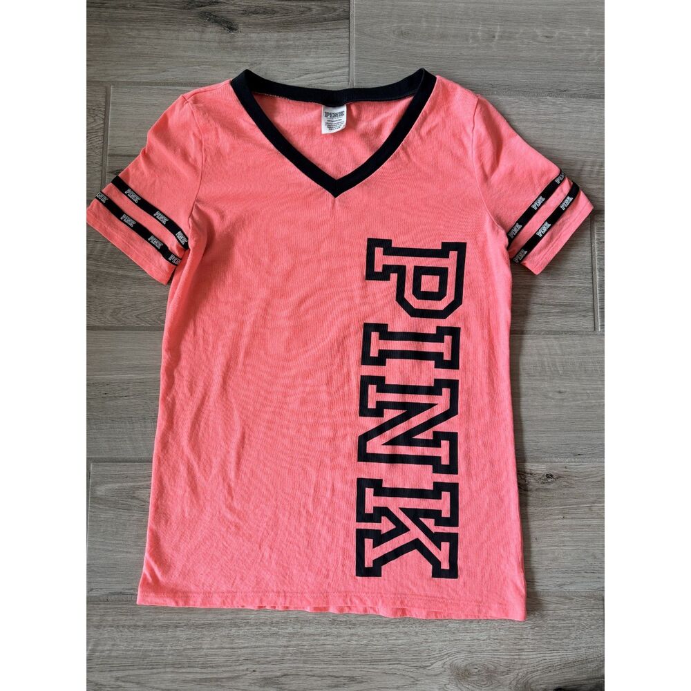 PINK Victoria's Secret Coral Ringer V-Neck Tee Black Logo Strip Sleeves Size S
